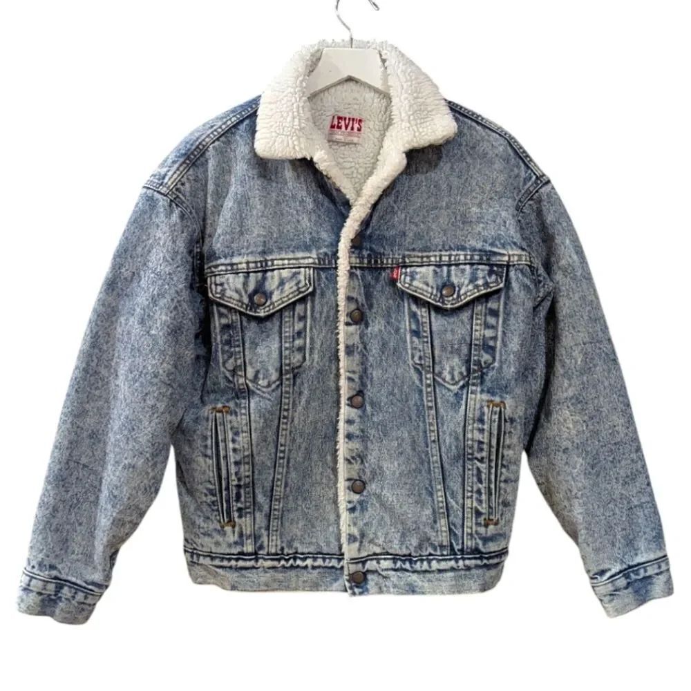Vintage 1980's LEVI'S USA Mens Small Acid Wash Blue Denim Trucker Sherpa Jacket